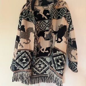 Wrapper Black and Cream Geometric Horse Sweater/Jacket/Tunic